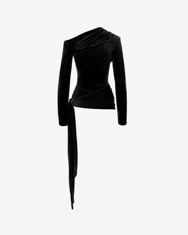 Bluza cu Drapaje Blankie din Catifea, Neagra