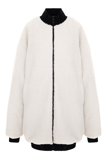 Retro Future Bomber oversized alb unisex cu textura teddy