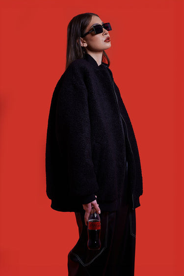 Retro Future Bomber oversized negru unisex cu textura teddy