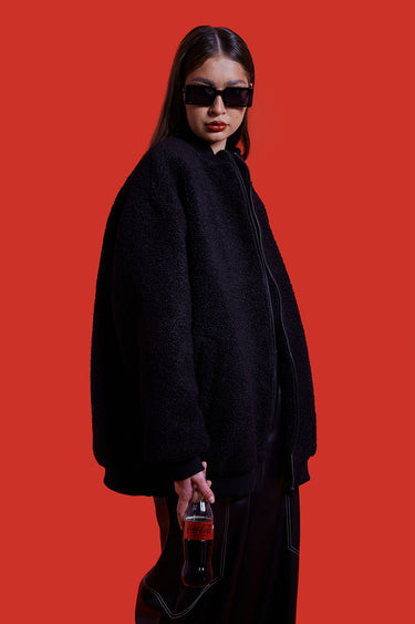 Retro Future Bomber oversized negru unisex cu textura teddy