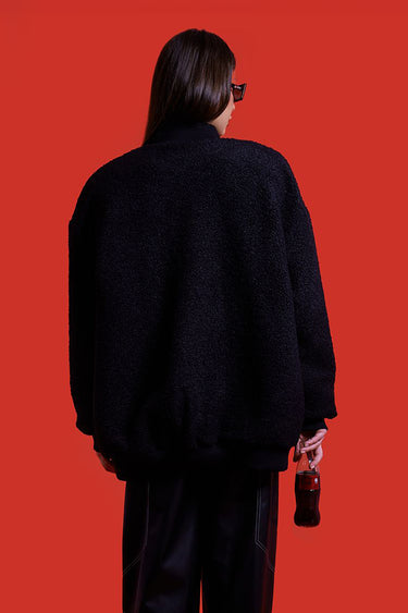 Retro Future Bomber oversized negru unisex cu textura teddy