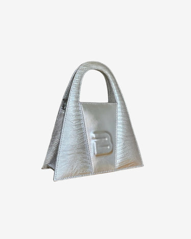 Geanta Mini de Piele "Lock", Argintiu Croc