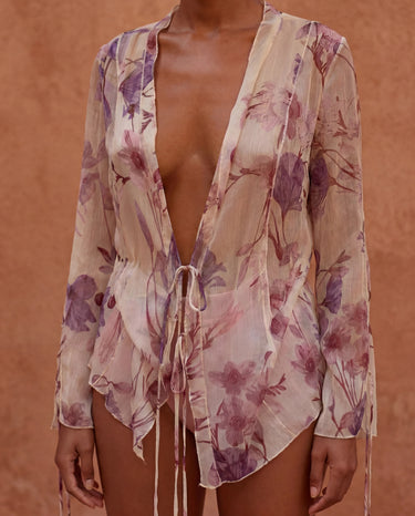 Bluza din Voal Crem cu print Floral Pastel
