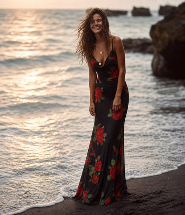 Rochie Maxi din Voal Floral - Rosa Noir