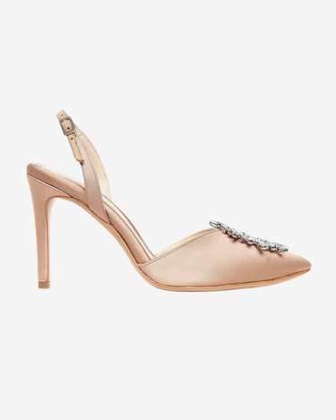 Pantofi din Satin cu Brosa si Cristale "Alice", Nude-Auriu Editie Limitata