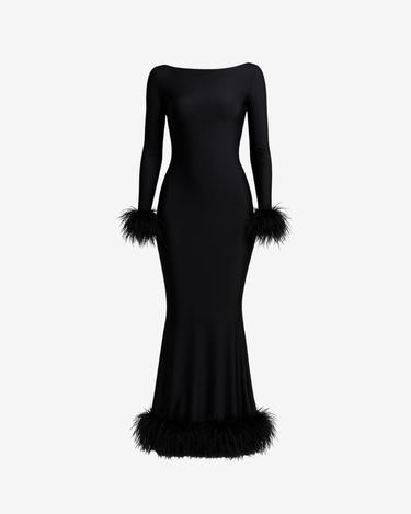 Rochie Lunga cu Pene, Neagra