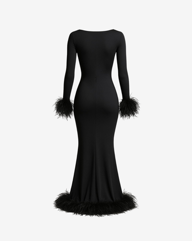 Rochie Lunga cu Pene, Neagra