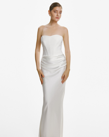 Rochie Lunga Drapata Fara Bretele, Alba