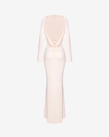 Rochie Maxi cu Spatele Deschis si Drapat, Alb Laptos