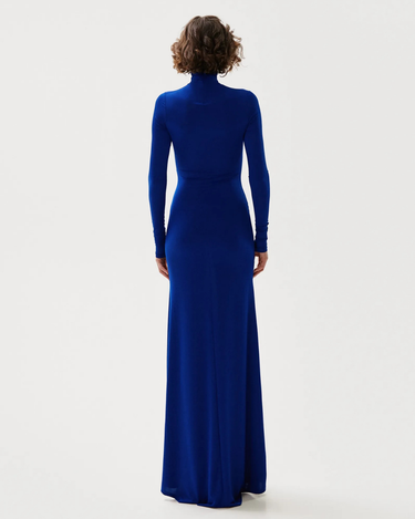 Rochie Maxi din Tricot cu Guler Inalt, Albastra