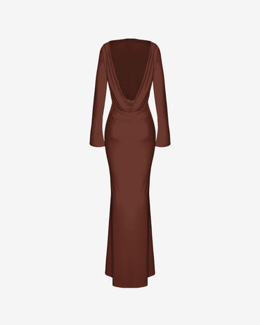 Rochie Maxi cu Spatele Deschis si Drapat, Umber