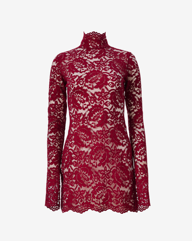 Rochie Mini cu Guler Inalt si Dantela Brodata, Blood
