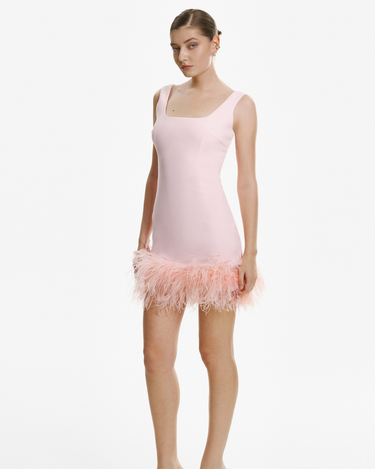 Rochie Mini din Crepe cu Pene, Roz Deschis