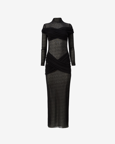 Rochie Semi-Transparenta cu Detalii Drapate, Neagra
