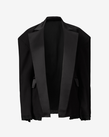 Sacou Oversized Tip Smocking cu Revere din Satin, Negru