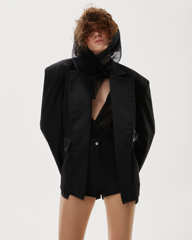 Sacou Oversized Tip Smocking cu Revere din Satin, Negru