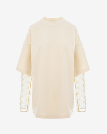 Tricou Oversized cu Maneci Tulle, Nude
