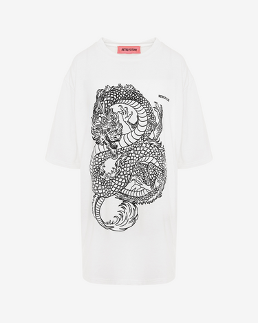Tricou Universal Oversized cu Print Dragon, Alb