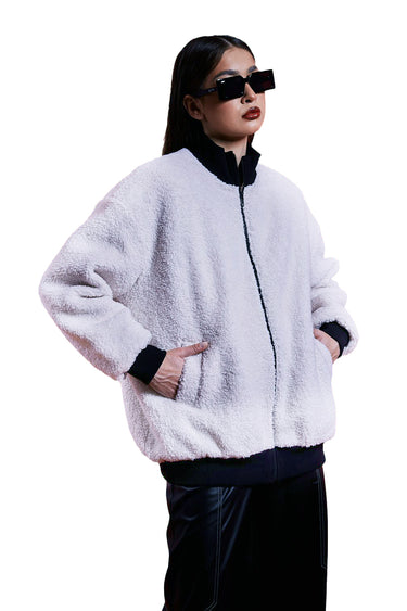 Retro Future Bomber oversized alb unisex cu textura teddy